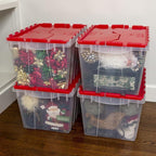 Akro-Mils KeepBox 12 Gallon Storage Container, Nesting and Stackable Plastic Storage Box with Lid Attached, Clear Tote for Garages, Closets, and Moving, 21-1/2" x 15" x 12-1/2", Clear/Red