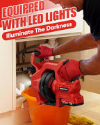 20V Cordless Electric Drain Snake, 25Ft Replaceable Cable with 2.0Ah Battery & Fast Charger, Storage Bag & Gloves, Snake Drain Hair Removal Tool with LED Light for Sink&Sewer 3/4"-2" Pipe