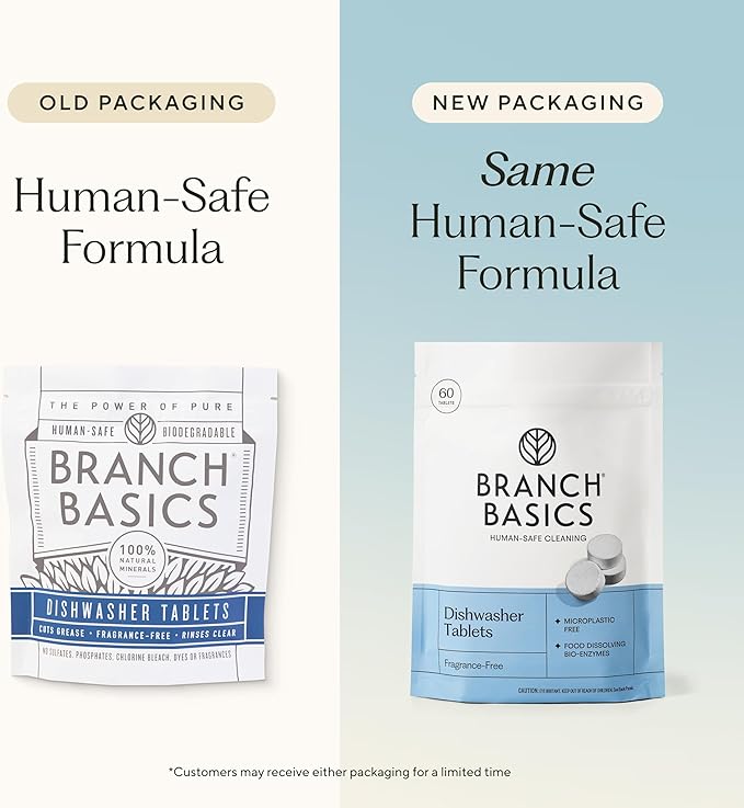 Branch Basics Dishwasher Tablets – 120 Ct | Plastic-Free, Fragrance-Free, Human-Safe | Delivers a Powerful Clean Without Harsh Chemicals (60 Count (Pack of 2))