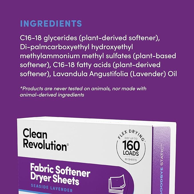 Clean Revolution Natural Fabric Softener Dryer Sheets, 80 Sheets, 160 Loads, Seaside Lavender, Naturally Derived, Sensitive Skin Safe, Made in the USA