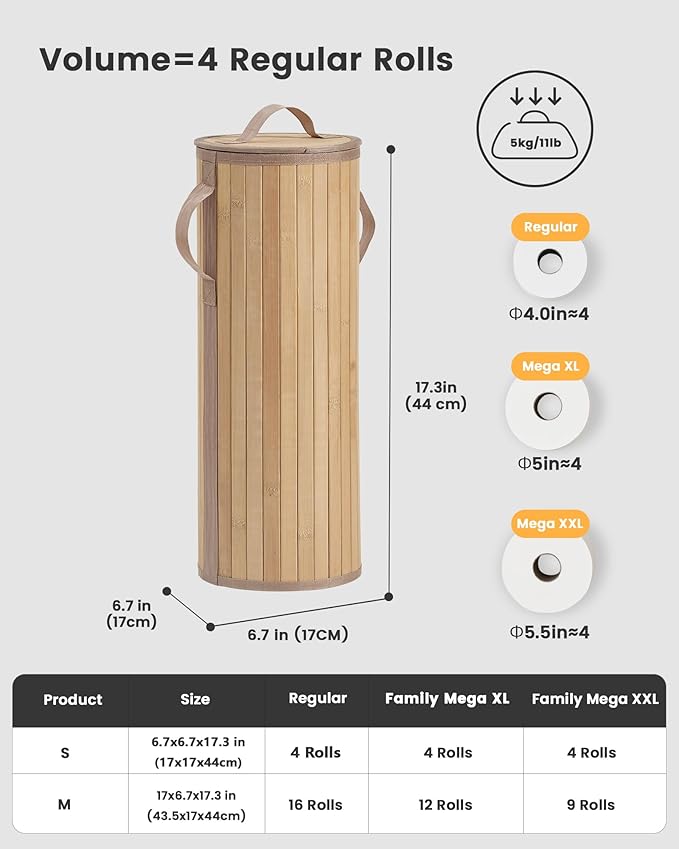 Bamboo Toilet Paper Storage Basket with Lid & Handle - 10L Handwoven Bathroom Organizer for 4 Rolls - Sturdy Stand Holder for Toilet Paper Organization, Natural