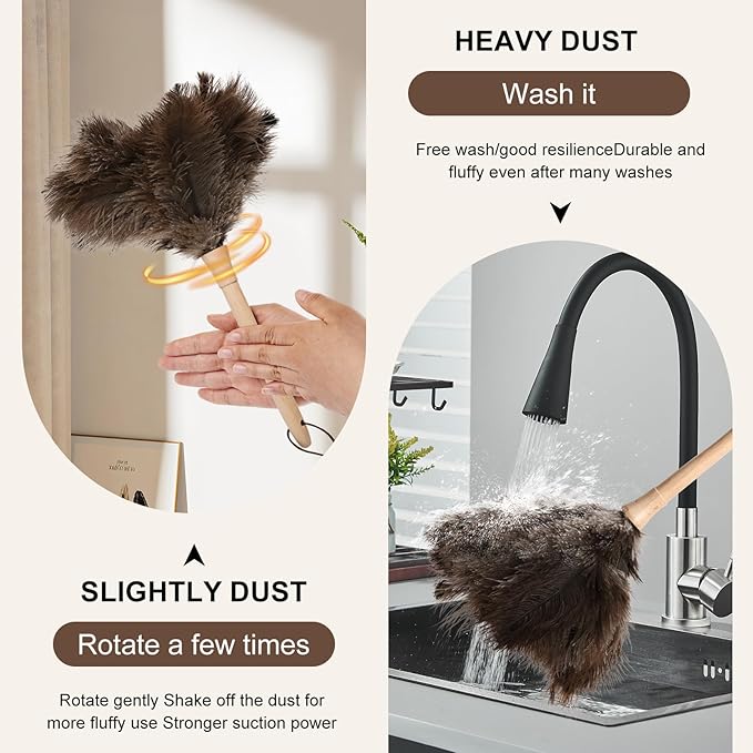 Ostrich Duster Fluffy Natural Feather Dusters with Wooden Handle Cleaning Supplies for Home Office Car (2, 16inch)