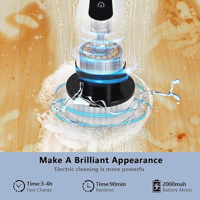 NEWONE Electric Spin Scrubber, Cordless Cleaning Brush with 7 Replaceable Brush Heads, 2 Adjustable Speeds, White