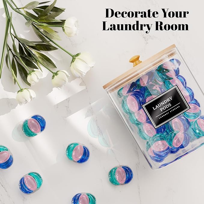 3+1 Pack Glass Laundry Pods Container & Acrylic Dryer Sheet Holder, Clear Laundry Room Organization Containers with Bamboo Lids & Labels, Powder Laundry Detergent Container for Scent Booster, Powder