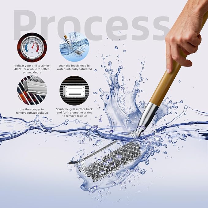 HOUSE AGAIN Grill Brush and Scraper Bristle Free with 3 Replacement Head 304 Stainless Steel Food-Grade Grill Accessories, Safe BBQ Cleaner Brush Strong Barbecue Cleaning Brush for Outdoor Grill Grate