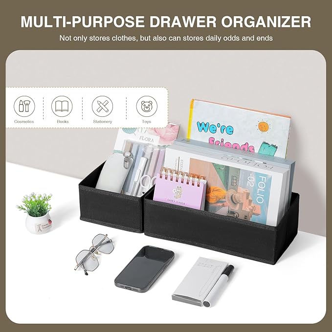 DIMJ Drawer Organizers - Set of 4 Foldable Closet Dividers for Baby Clothes, Socks, Belt, Tie (Black)