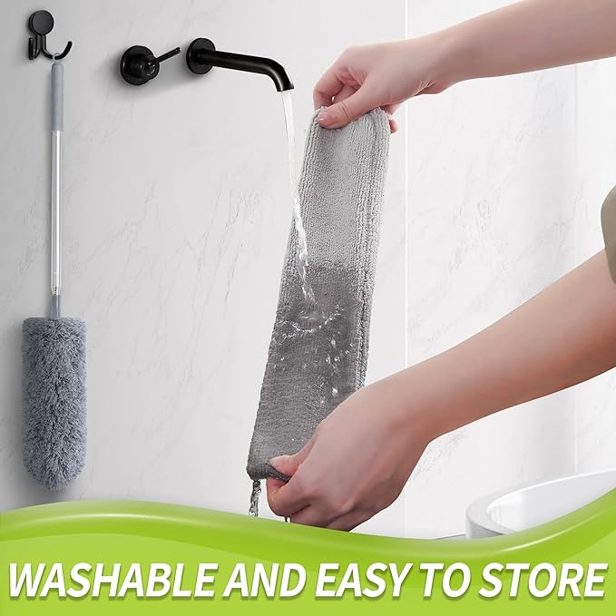 Duster with Extension Pole, Skinny Duster/Under Appliance Cleaning Tool & Spider Web Brush & Ceiling Cleaner, 100" Microfiber Feather Cleaner with Washable Head for Fan Furniture Wall
