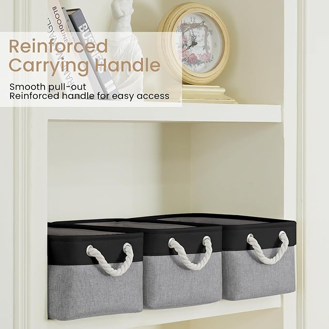 Storage Baskets for Shelves 13.8x9.8x6.7 Inch-Foldable Fabric Organizing Storage Bins with Handles, Closet & Bathroom Organizer, Home Storage for Kitchen, Office (1-Pack, Black&Gray)