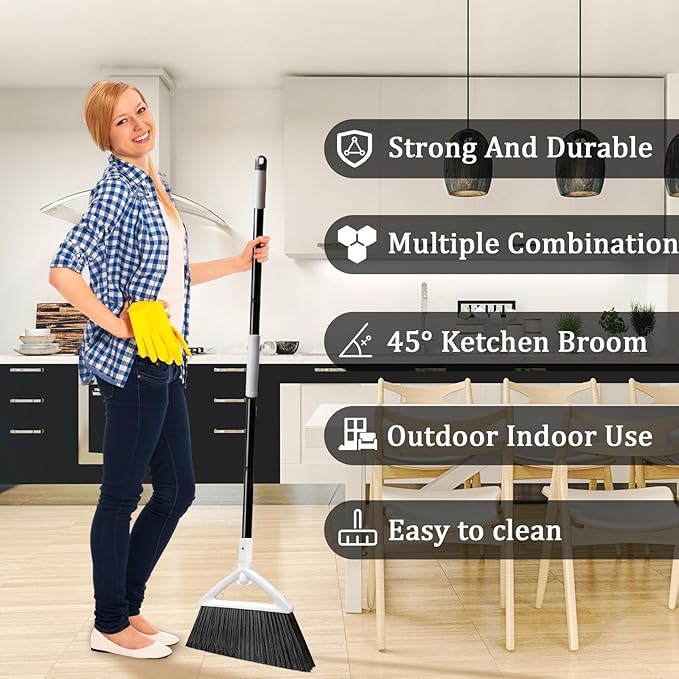 Heavy Duty Angle Broom 4 Pack - White Broom for Outdoor & Indoor, Garage, Driveway, Sidewalk, Kitchen & More, Long Handle