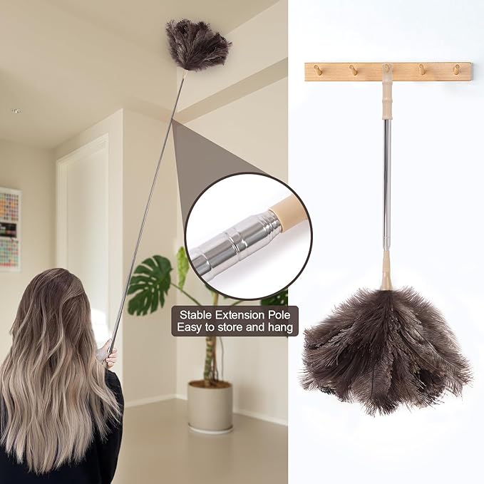 Extendable 81.9 Inch Ostrich Feather Duster with Extension Used for Home Cleaning Ceilings Furniture Fans Washable（1.8M Telescopic Rod,Grey）