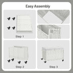 Rolling Storage Basket with Lid, 47.6 Gallon (180L) Storage Bin with Wheels, Woven Rattan Blanket Storage Basket with Handles, Foldable, Metal Frame, Removable Liner for Bedroom, Laundry Room, White
