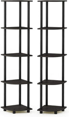 Furinno TURN-N-TUBE Corner Shelf Set of 2, 5-Tier Corner Bookshelf, Open Storage Shelves, for Organization and Storage, Living Room, Home Office, Garage, Espresso