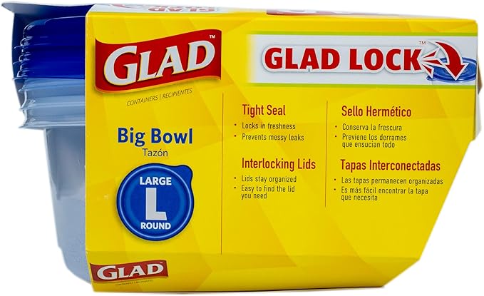 Glad GladWare Big Bowl Food Storage Containers with Lids, Large Round BPA Free Plastic Containers for Soups, Salads, and Meal Prep, Lock Tight Seal, Microwave Dishwasher Safe, 48 Oz, 3 Count - 6 Pack