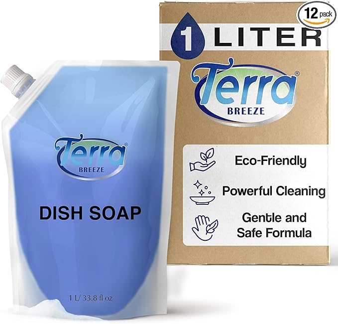 Liquid Dish Soap Refill Pouch 1 Liter – Family Size Dishwashing Liquid for Home Use – Non-Toxic Formula Cuts Grease While Gentle on Hands – Eco Refill for Dish Soap Dispensers & Kitchens - Set of 12