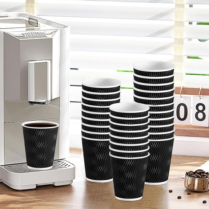 Lamosi Coffee Cups 12 oz 500 Pack, Black Disposable Cups, Corrugated Paper Cups 12 oz, Ripple Wall Insulated Water Cups for Hot Beverage