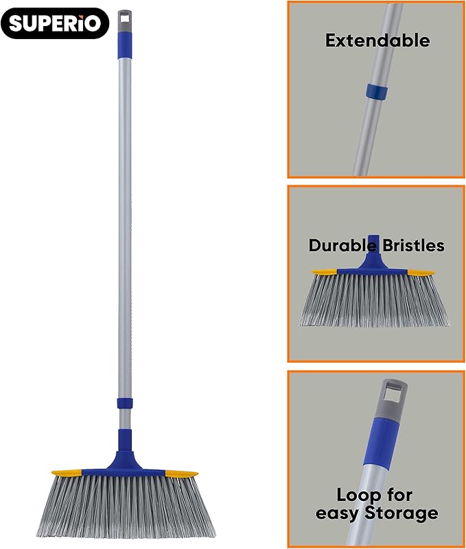 Slim Angle Broom, Heavy Duty Broom, Indoor Brom, Outdoor Angle Broom with Extendable Handle, Durable Collapsible Broom for Home, Kitchen, RV, Travel, Blue, 1 Pack, by Superio