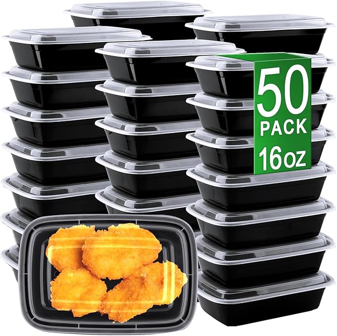 Meal Prep Containers, 50 Pack 16oz (100-Piece) Disposable Take Out Food Storage Containers with Leakproof Lids, Reusable Plastic To Go Lunch Boxes, BPA Free, Microwave/Dishwasher/Freezer Safe