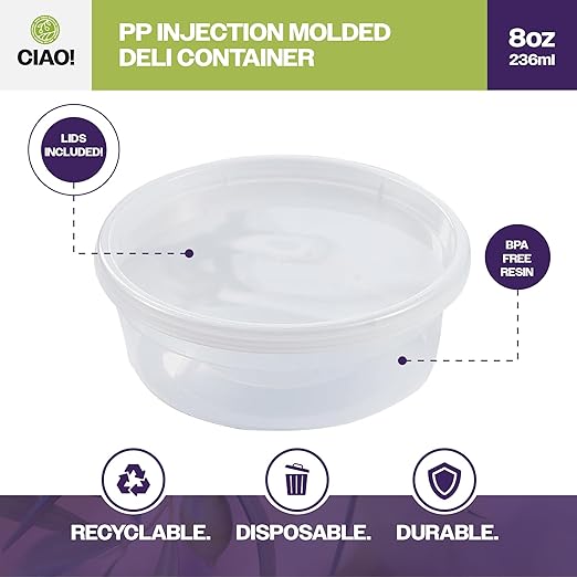 CIAO! 8OZ PP Injection Molded Soup-Deli Container with LLDPE Lid, Microwavable and BPA Free (240/240 combo pack)
