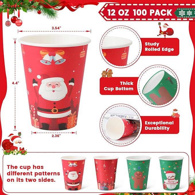 Lamosi 100 Pack Christmas Paper Cups 12 oz, Disposable Coffee Cups Hot/Cold Beverage for Holiday, Party, Cafe, Restaurant, Office and Home