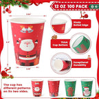 Lamosi 100 Pack Christmas Paper Cups 12 oz, Disposable Coffee Cups Hot/Cold Beverage for Holiday, Party, Cafe, Restaurant, Office and Home