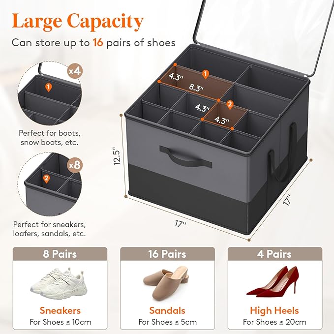 Lifewit 4 Pack Shoe Storage Organizer for Closet, Large Shoe Box Storage Containers with Clear Cover, Foldable Storage Bins Fit for Boots Fits 48-64 Pairs (Each 12-16 Pairs) Gray and Black