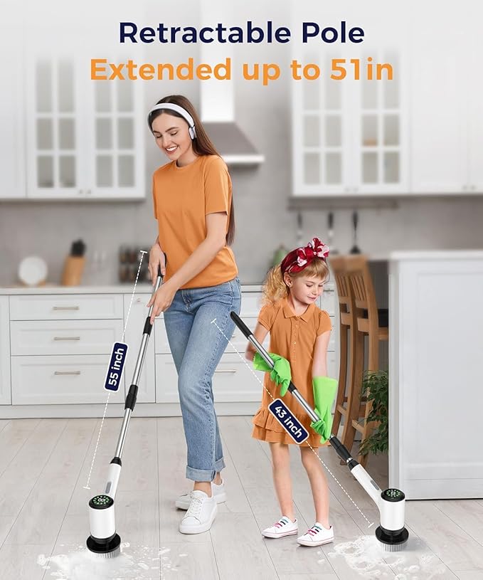 Electric Spin Scrubber, Cordless Cleaning Brush, Bathroom Shower Scrubber with 7 Replaceable Brush Heads, 2 Adjustable Speeds, Extension Handle, IPX7 Waterproof for Tub Tile Floor Car, White-o2.