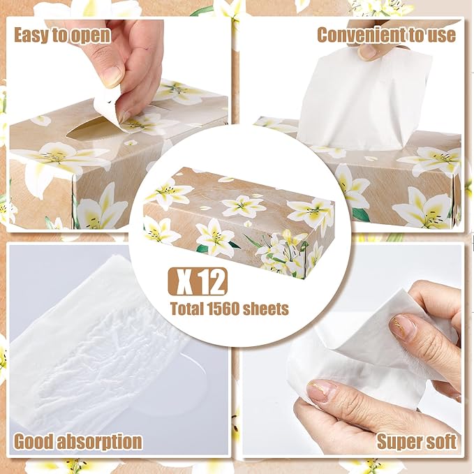 Yinder 12 Packs Facial Tissue Box 1560 Sheets Soft Facial Tissue Box for Fall Halloween Christmas 2 Ply 130 Sheets Disposable Travel Tissues Bulk for Car Household Kitchen(Fresh Lily)