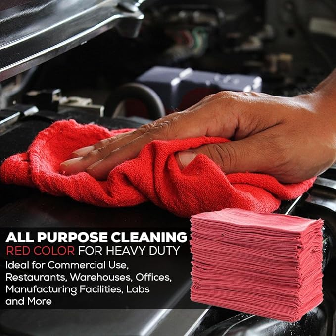 Simpli-Magic Cotton Shop Towels, Commercial Grade, Red, 145 Pack, Size: 14" x 12"