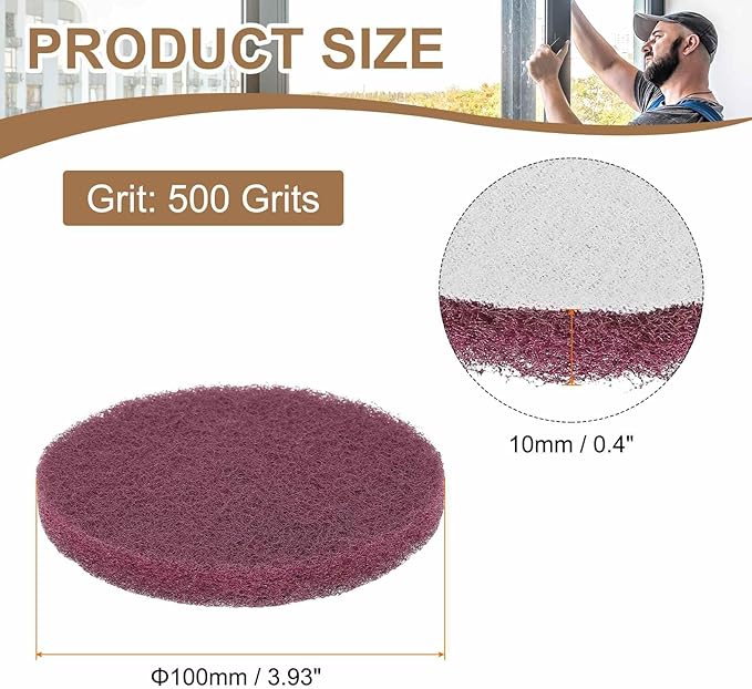 HARFINGTON 6pcs Scrubber Scouring Pads 500 Grits 4 Inch Drill Power Brush Hoop and Loop Surface Conditioning Disc Drill Scuffing Disc Scrub Pads for Home Kitchen Cleaning, Red