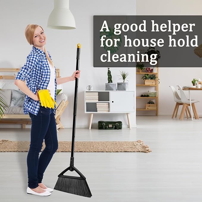 2PCS Heavy Duty Broom, Broom for Sweeeping Indoor and Outdoor, Angle Broom with Long Pole, Outdoor Broom for Courtyard/Garages/Slidewalk, Indoor Broom for Kitchen Lobby Canteen Black