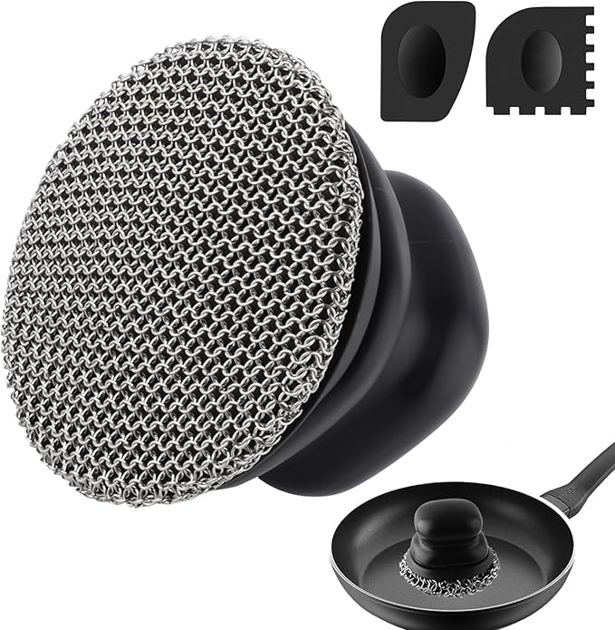 Upgraded Cast Iron Cleaner Brush with Heavy Duty Handle, Chain Mail Cast Iron Skillet Pan Scrubber for Griddle Cleaning Brush with Pan Grill Scrapers