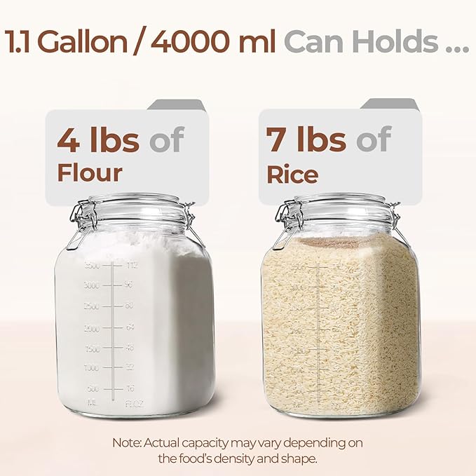 ComSaf 1 Gallon Square Glass Jars with Airtight Lids (135oz, Set of 2), Extra-Wide Mouth Canisters with Measurement Marks for Bulk Flour Storage, Fermenting Kombucha & Pickling