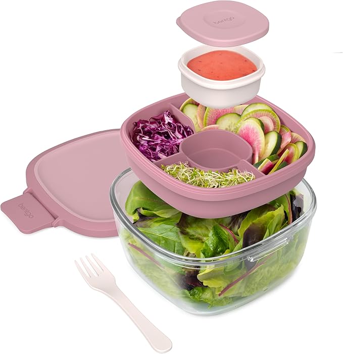 Bentgo Glass All-in-One Salad Container - Large 61-oz Salad Bowl with Lid, 4-Compartment Bento-Style Tray, 3-oz Sauce Container, and Reusable Fork - Dishwasher, Microwave, and Oven Safe (Rose)