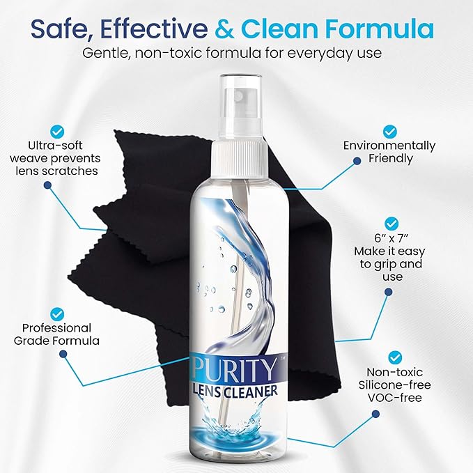 Purity Eyeglass Lens Cleaner Kit - 3 x 2oz Travel Size Lens Cleaner Spray Bottle + 2 Microfiber Cleaning Cloths - Safe for All Lenses (AR Coated Included), Eyeglasses and Screens - Clear
