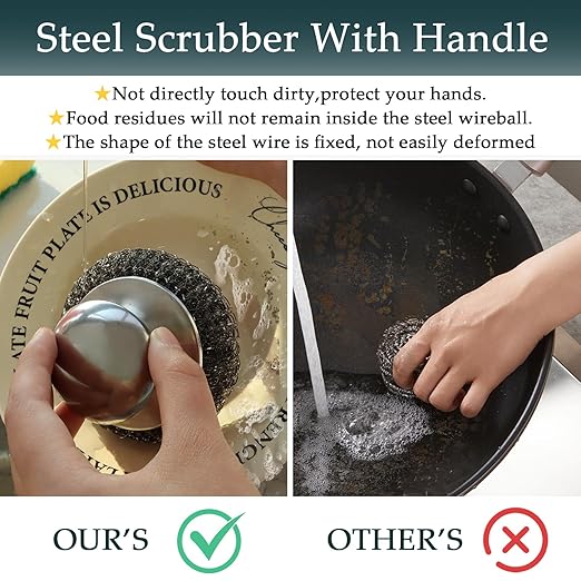 2Pcs Stainless Steel Wool Scrubber Set with Handle，2 Replacement Steel Scrubber Wool Pads, and Scrubbing Brushes Cleaning Supplies for Pots, Pans, Grills, Sink