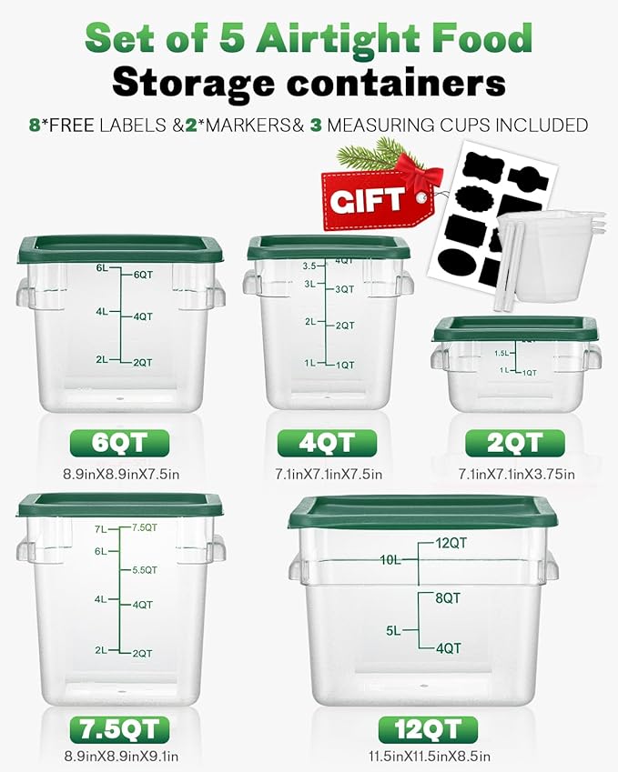 8QT NSF Food Storage Containers: 6PCS [Food Grade][Hot&Cold Resistant] Commercial Clear Food Storage Containers with Lids for Restaurant Kitchen Proof Dough, Measuring Spoons Included(GREEN, N)
