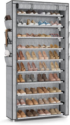 VTRIN Tall Shoe Rack with Cover, 10 Tier Shoe Organizer Storage for 50-55 Pairs Shoes and Boots Large Capacity Shoe Shelf with 8 Pockets Free Standing Shoe Rack for Closet, Entryway, Garage, Printing