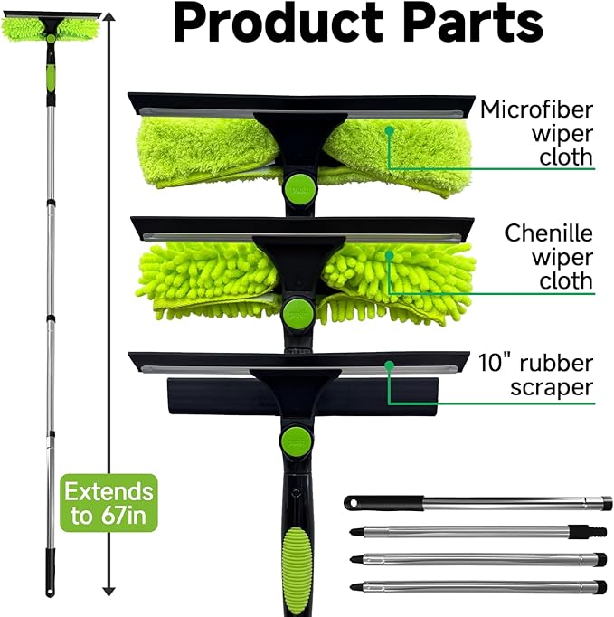 67'' Window Squeegee Cleaner Tool with Extension Pole, 2-in-1 Squeegee for Window Cleaning Kit with Scrubber and Rotating Head, 2 Blade 2 Scrubber for Indoor & Outdoor High Windows