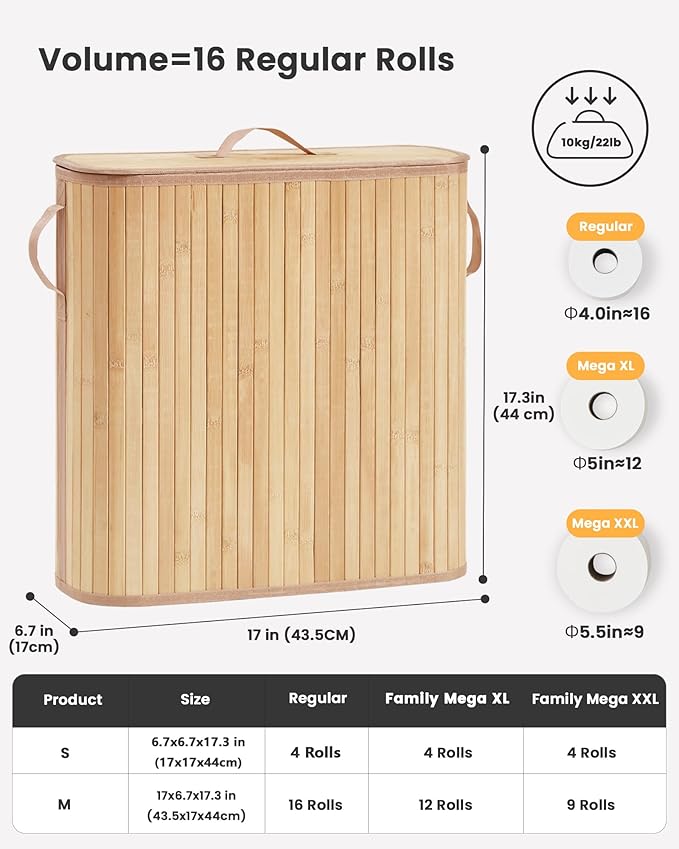 Bamboo Toilet Paper Storage Basket with Lid & Handle - 32L Large Capacity Handwoven Bathroom Organizer for 16 Rolls - Sturdy Stand Holder for Toilet Paper Organization, Natural