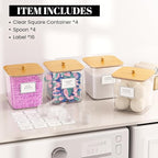 4 Pack Clear Laundry Pod Container, Laundry Room Organization Containers with Wooden Lids & Labels - Large Detergent Powder Storage for Room Organization, Scent Booster Holder