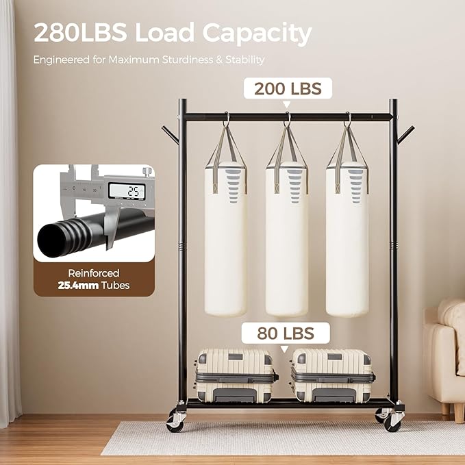 Clothes Rack, 3-in-1 Clothing Rack for Hanging Clothes, Rolling Garment Rack with Coat/Hat Hooks, Portable Coat Rack, Sturdy Wardrobe Rack Metal Closet Rack 280LBS for Bedroom Living Room, Black