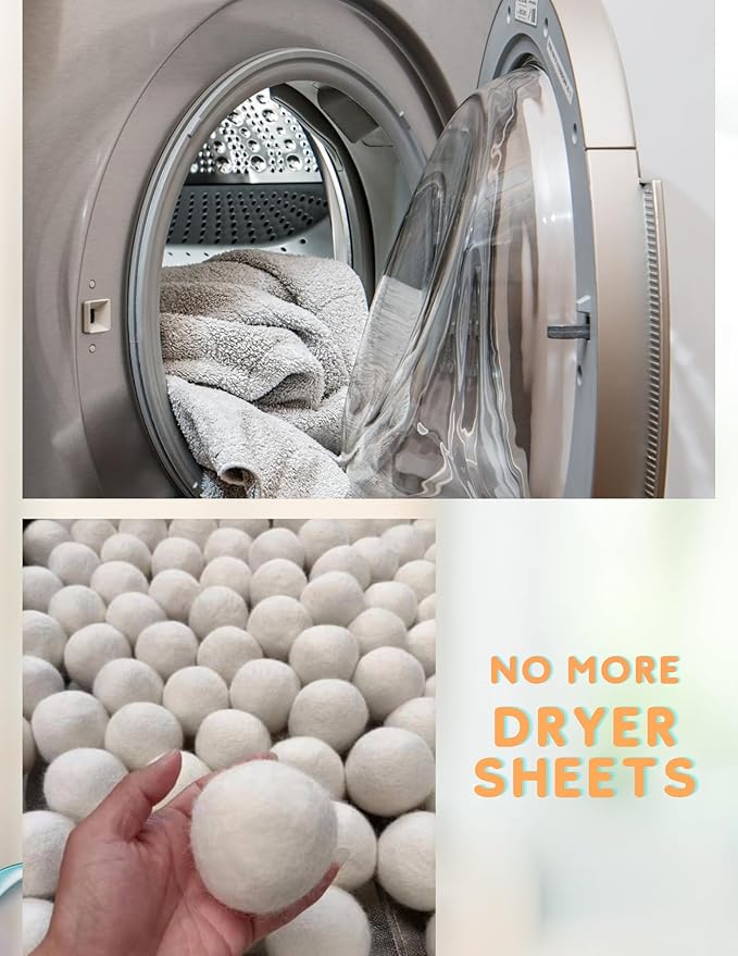 Wool Dryer Ball Laundry Reusable, Natural, Organic, Dryer Sheets and Fabric Softener Alternative,Save Energy, Pack of 6
