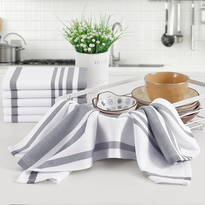 Homaxy Premium Kitchen Towels 18”x 28”, Large Cotton 380 GSM Kitchen Hand Towels, Stripe and Terry Dish Towel, Highly Absorbent Tea Towel Set with Hanging Loop, 12 Pack, Grey