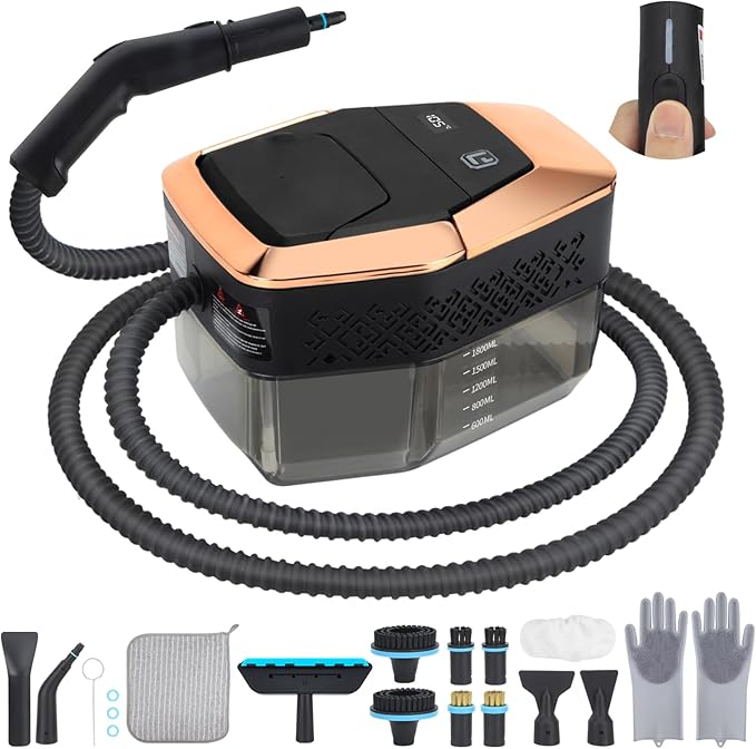 2500W Handheld Steam Cleaner, 15s Fast Heating Steam Cleaning, 1800ML Large Capacity Tank, Portable Steam Cleaner for Upholstery, Grout, Window, Grime, Grease, Bed Bugs, Car(BLACK)