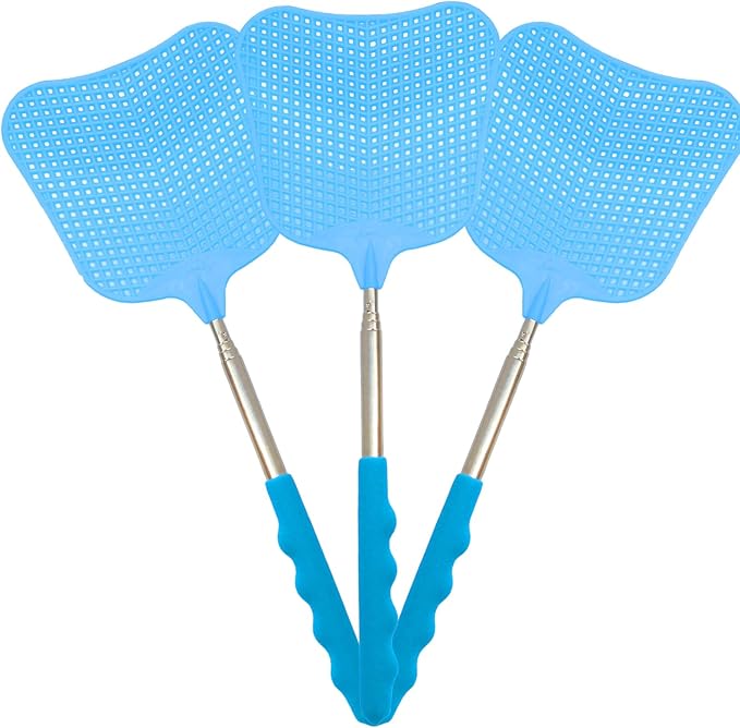3 Pack Fly Swatters Set - Plastic Fly Swatters Heavy Duty - Fly Swatters with Stainless Steel Handle for Indoor and Outdoor - Blue