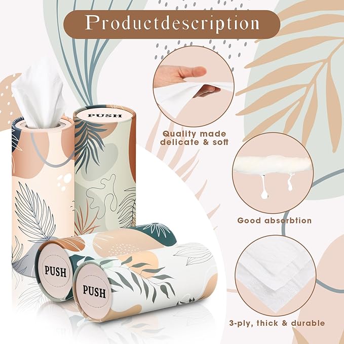 Outus 12 Pcs Car Tissues Cylinder Holder with 3 Ply Facial Tissue Bulk Black White Round Tissue Holder Travel Tissues Boxes Container for Car Cup Wedding Birthday Party(Boho 1)