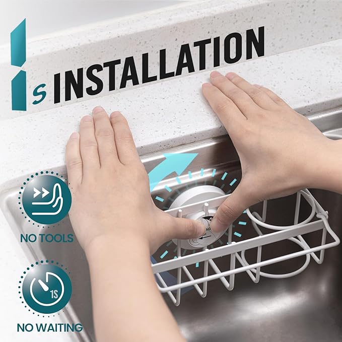 TAILI 4-in-1 Sponge Holder for Kitchen Sink with Strong Suction Cup Removable, Rustproof Stainless Steel Sink Caddy for Sponge, Brush, Scrubber, Scraper -White