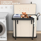 60 Gal (230L) Laundry Hamper 3 Section with Lid, Leather Patchwork Laundry Sorter with Rolling Lockable Wheels and Handle, Laundry Basket Organizer for Laundry Room, Bedroom and Bathroom - Beige