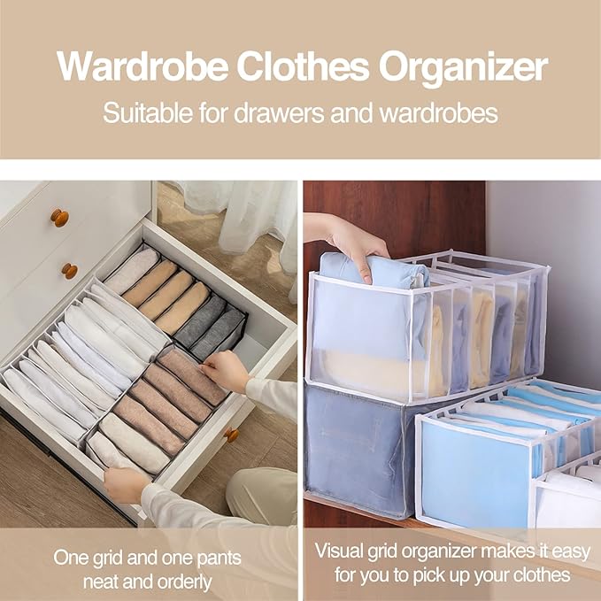 Wardrobe Clothes Organizer 7 Grids Portable Closet Organizer Mesh Separation Storage Box Foldable Closet Drawer Organizer for Underwear Socks Scarves Leggings (Grey, 2 Leggings Grid)