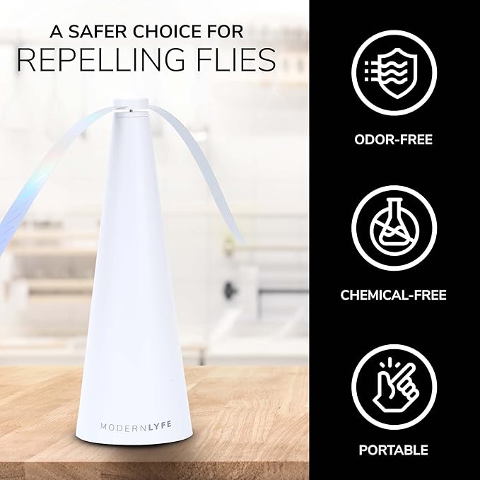 Fly Fans for Tables by Modern Lyfe - AA Battery & USB Powered - Fly Swatter Outdoor Camping Accessory Or for Food at Parties, Restaurants & Picnics, Bug Fan, Spinner Keeps Flies Away (1 Pack - White)
